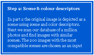 Text Box: Step 2: Scene & colour descriptors

In part 2 the original image is depicted as a scene using scene and color descriptors. Next we scan our database of a million photos and find images with similar scenes. The 200 images with the most compatible scenes are chosen as an input for the next step.

