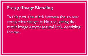 Text Box: Step 5: Image Blending

In this part, the stitch between the 20 new completion images is blurred, giving the result image a more natural look, deceiving the eye.

